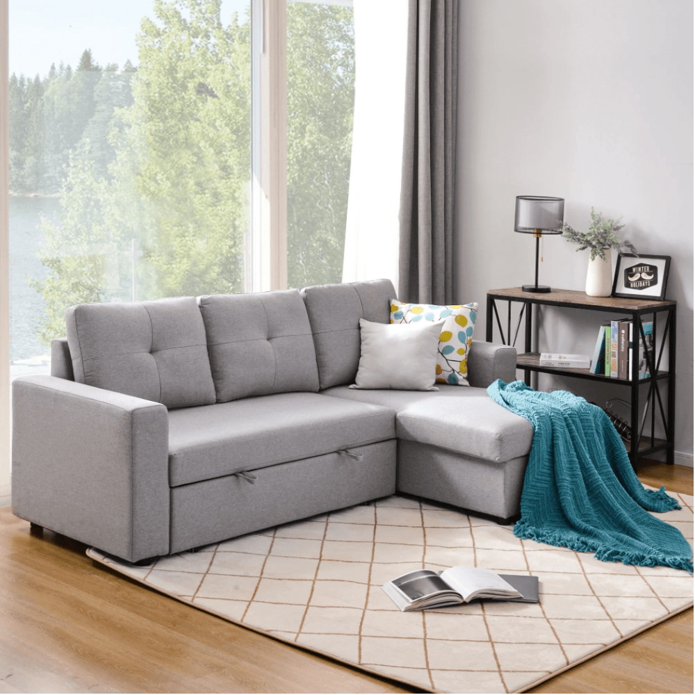 Roxy L-Shaped Sectional Storage Sofa Cum Bed - Oak Inside