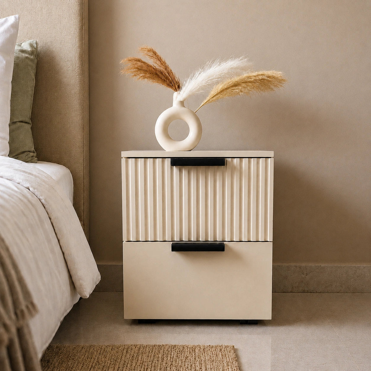 Fluted Solid Wood Bedside Table with 2 Drawers & Storage