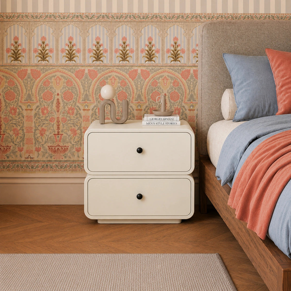 Ivory Modern Solid Wood Bedside Table with 2 Drawers