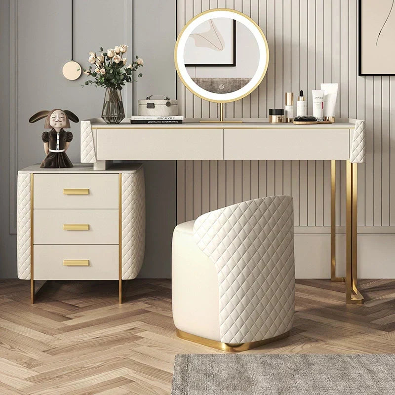 Pacific Dressing Table With Ottoman In Stainless Steel - Gold - Oak Inside