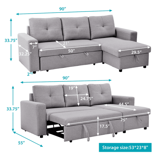 Roxy L-Shaped Sectional Storage Sofa Cum Bed - Oak Inside