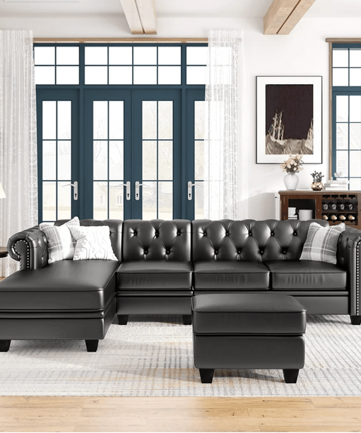 Dolcy Sectional Sofa Set in PU Leather in Black Color with Ottoman - Oak Inside