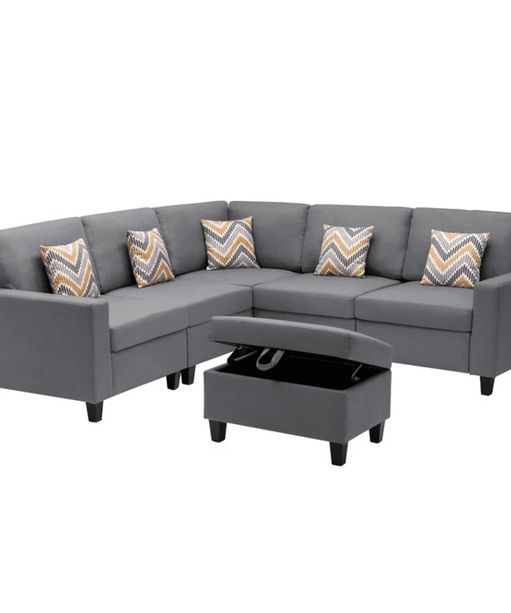Nollon Linen Fabric Sectional Sofa with Pillows and Storage Ottoman - Oak Inside