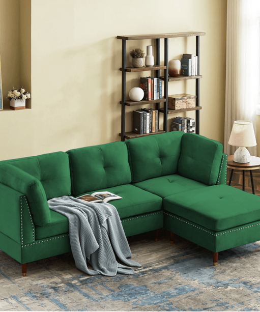 Glossy Sectional Suede Sofa Set With Ottoman - Oak Inside