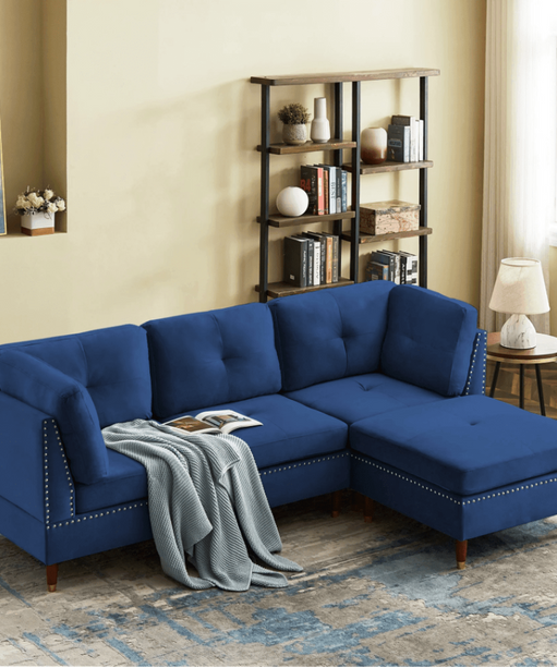 Glossy Sectional Suede Sofa Set With Ottoman - Oak Inside