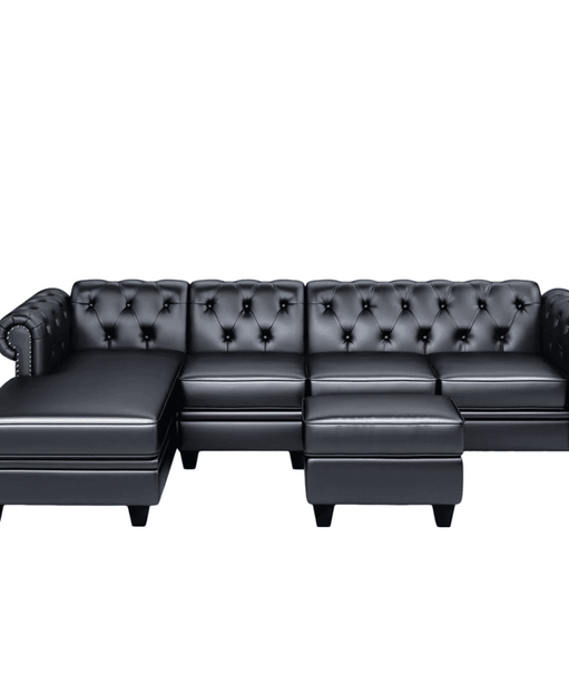 Dolcy Sectional Sofa Set in PU Leather in Black Color with Ottoman - Oak Inside
