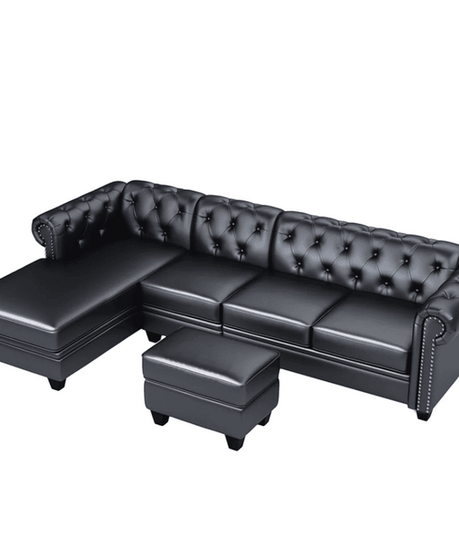 Dolcy Sectional Sofa Set in PU Leather in Black Color with Ottoman - Oak Inside