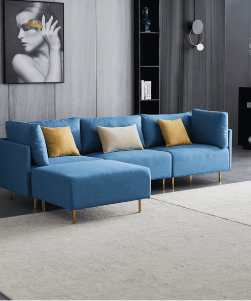 Ronaldo Sectional Sofa Set in Blue Color With Ottoman - Oak Inside