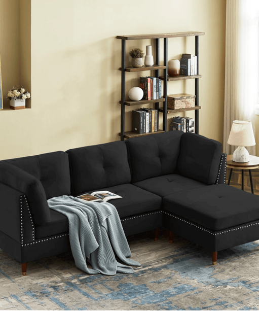 Glossy Sectional Suede Sofa Set With Ottoman - Oak Inside
