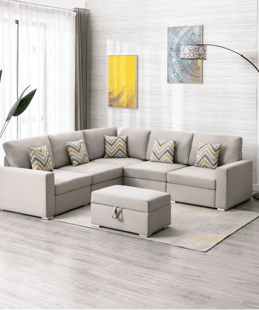 Nollon Linen Fabric Sectional Sofa with Pillows and Storage Ottoman - Oak Inside