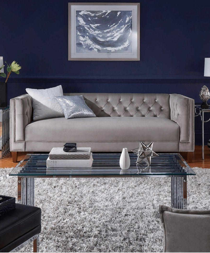 Silver Orchid Jewel-tuft Grey Suede Seating with Nailhead - Oak Inside