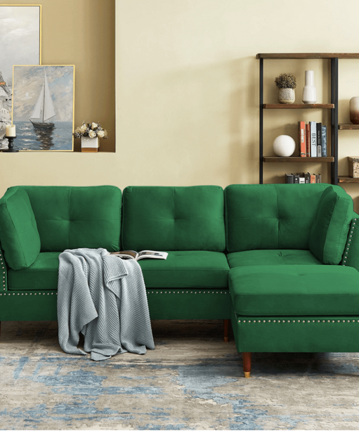 Glossy Sectional Suede Sofa Set With Ottoman - Oak Inside