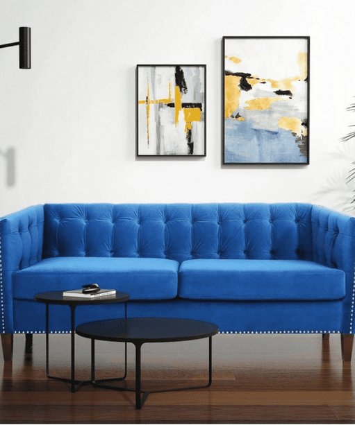 Rosy Sofa Set in Blue Suede Fabric - Oak Inside
