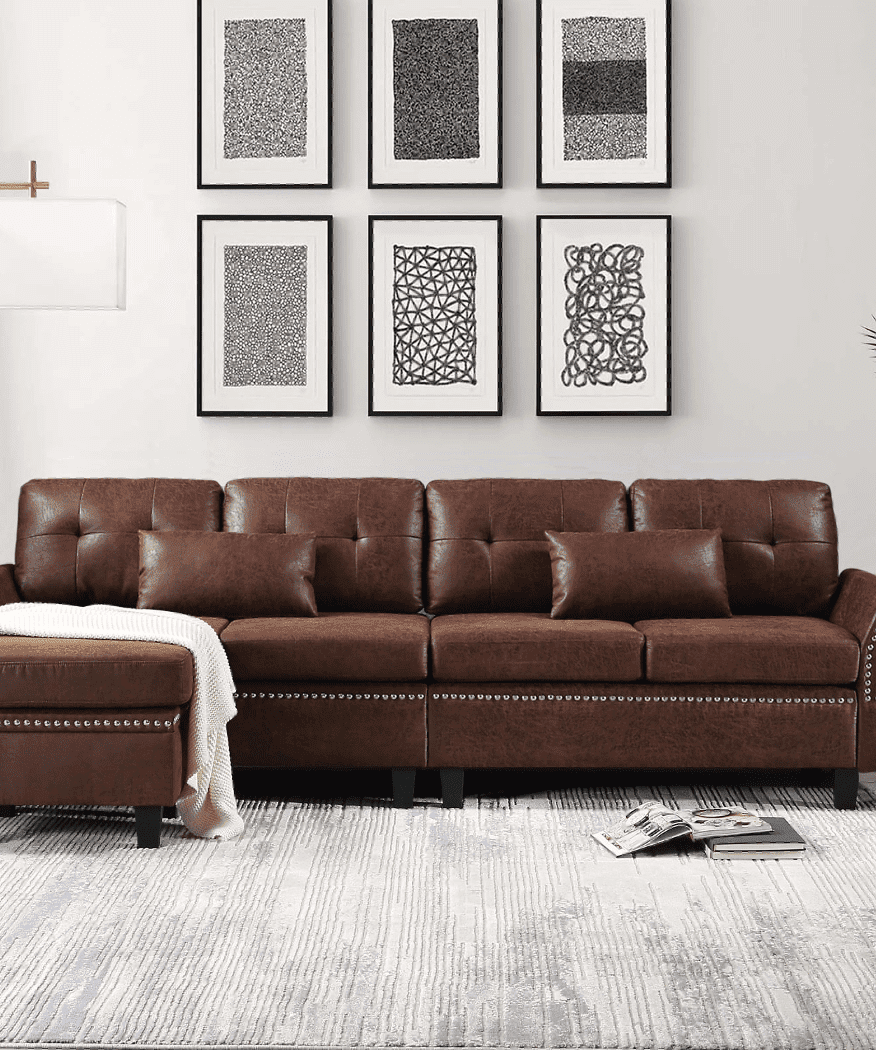 Viatol High Back Couch Mid-century Suede Leather Wood Legs Chaise Sofa - Oak Inside