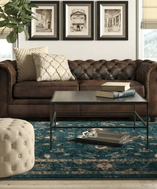 Rolled Arm Back Tufted Chesterfield Sofa in Leatherette - Oak Inside
