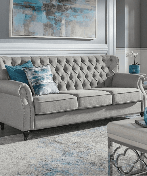 Dorothie Grey Fabric Button Tufted Sofa with Nailhead Trim - Oak Inside