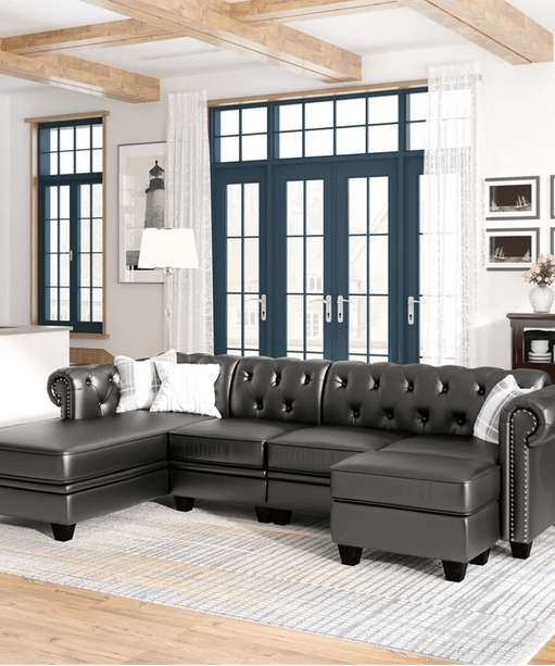 Dolcy Sectional Sofa Set in PU Leather in Black Color with Ottoman - Oak Inside