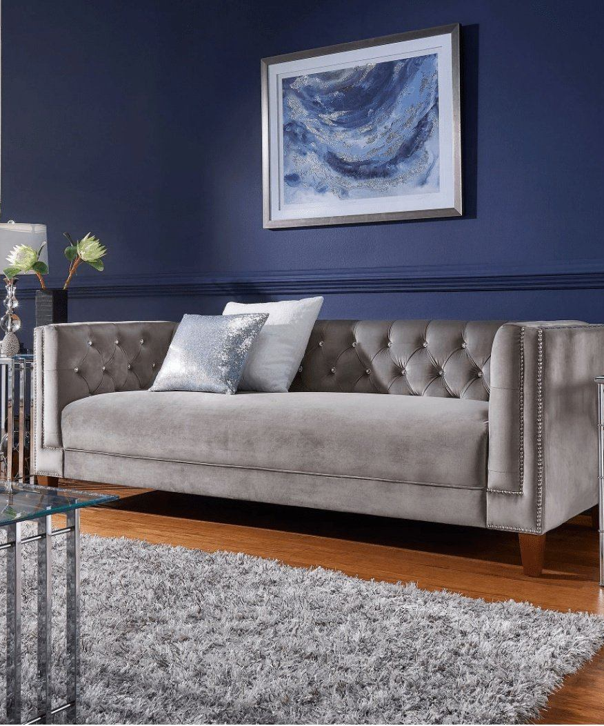 Silver Orchid Jewel-tuft Grey Suede Seating with Nailhead - Oak Inside