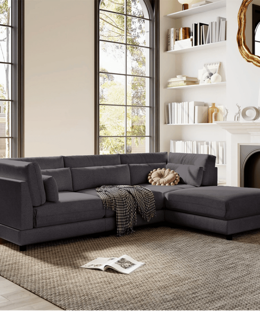 Ronald Sectional Sofa Set in Charcoal Color - Oak Inside