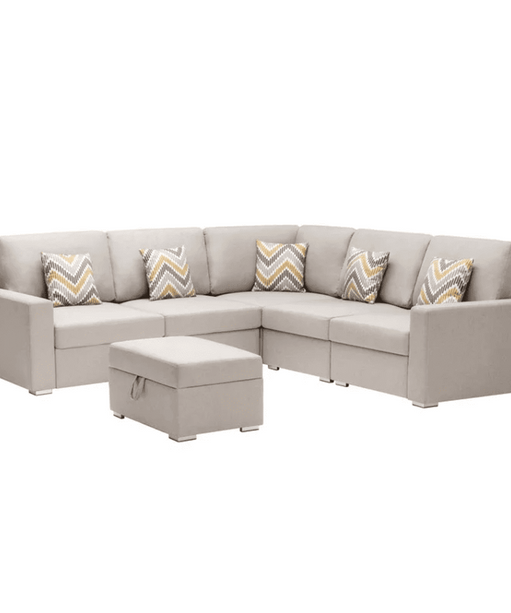 Nollon Linen Fabric Sectional Sofa with Pillows and Storage Ottoman - Oak Inside