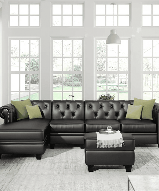 Dolcy Sectional Sofa Set in PU Leather in Black Color with Ottoman - Oak Inside