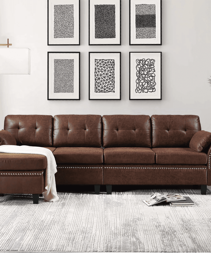 Viatol High Back Couch Mid-century Suede Leather Wood Legs Chaise Sofa - Oak Inside