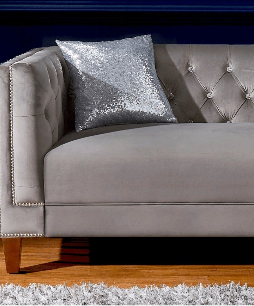 Silver Orchid Jewel-tuft Grey Suede Seating with Nailhead - Oak Inside