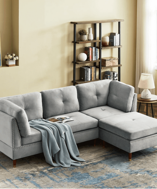 Glossy Sectional Suede Sofa Set With Ottoman - Oak Inside