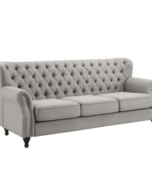 Dorothie Grey Fabric Button Tufted Sofa with Nailhead Trim - Oak Inside