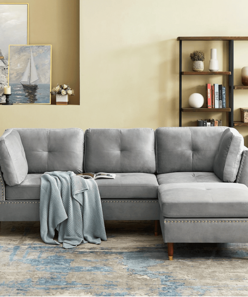 Glossy Sectional Suede Sofa Set With Ottoman - Oak Inside