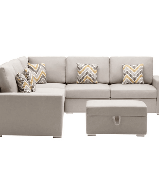 Nollon Linen Fabric Sectional Sofa with Pillows and Storage Ottoman - Oak Inside
