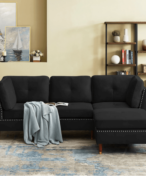 Glossy Sectional Suede Sofa Set With Ottoman - Oak Inside
