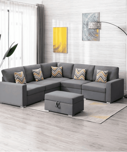 Nollon Linen Fabric Sectional Sofa with Pillows and Storage Ottoman - Oak Inside