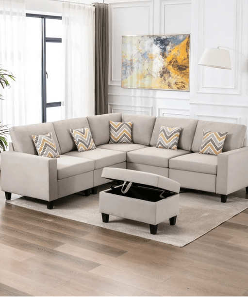Nollon Linen Fabric Sectional Sofa with Pillows and Storage Ottoman - Oak Inside
