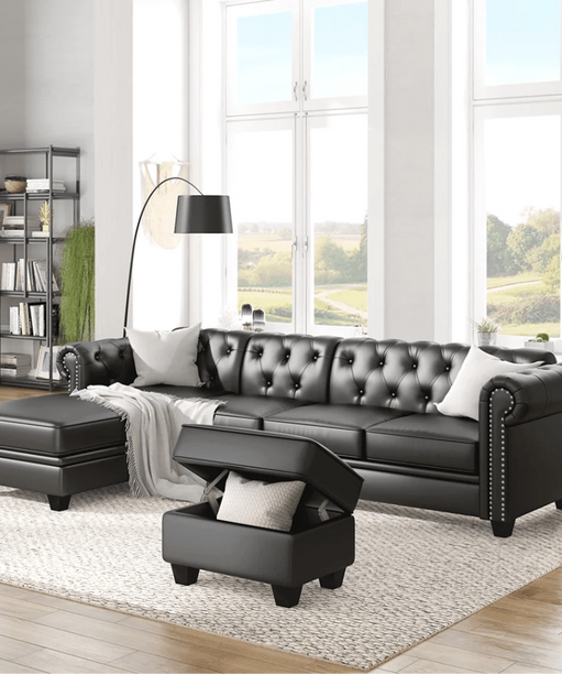 Dolcy Sectional Sofa Set in PU Leather in Black Color with Ottoman - Oak Inside