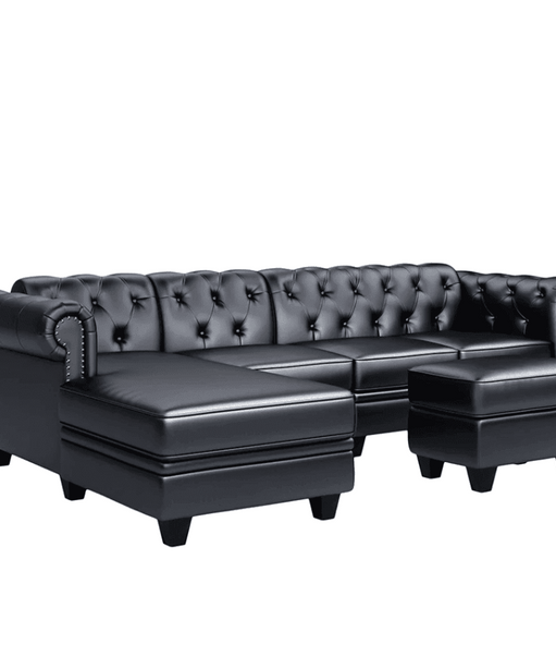 Dolcy Sectional Sofa Set in PU Leather in Black Color with Ottoman - Oak Inside