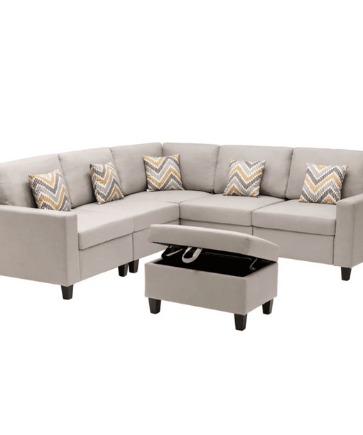 Nollon Linen Fabric Sectional Sofa with Pillows and Storage Ottoman - Oak Inside