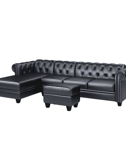 Dolcy Sectional Sofa Set in PU Leather in Black Color with Ottoman - Oak Inside