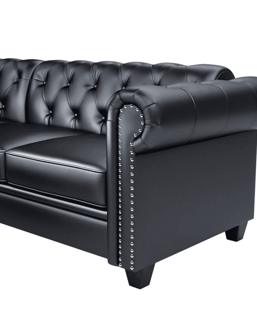 Dolcy Sectional Sofa Set in PU Leather in Black Color with Ottoman - Oak Inside
