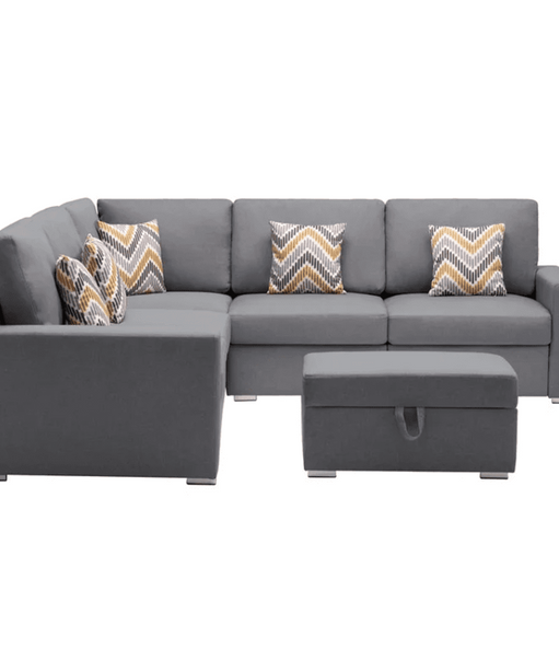 Nollon Linen Fabric Sectional Sofa with Pillows and Storage Ottoman - Oak Inside