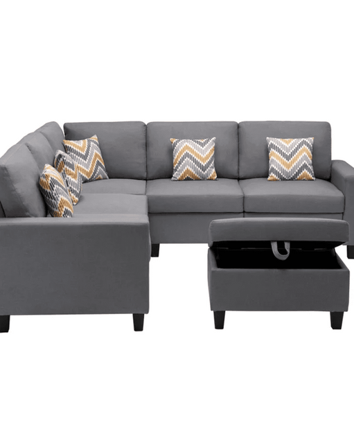 Nollon Linen Fabric Sectional Sofa with Pillows and Storage Ottoman - Oak Inside