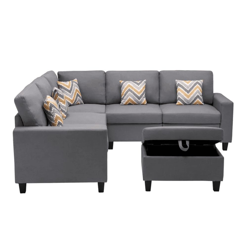 Nollon Linen Fabric Sectional Sofa with Pillows and Storage Ottoman - Oak Inside