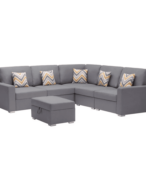 Nollon Linen Fabric Sectional Sofa with Pillows and Storage Ottoman - Oak Inside