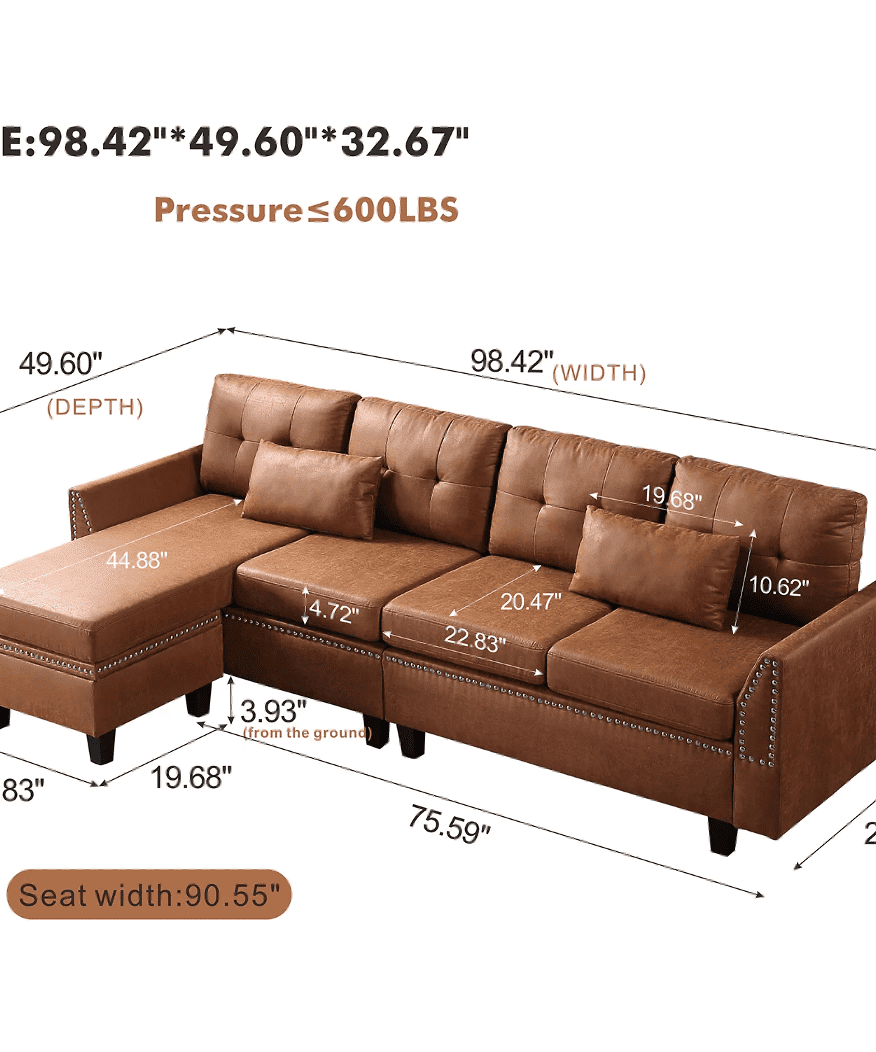 Viatol High Back Couch Mid-century Suede Leather Wood Legs Chaise Sofa - Oak Inside