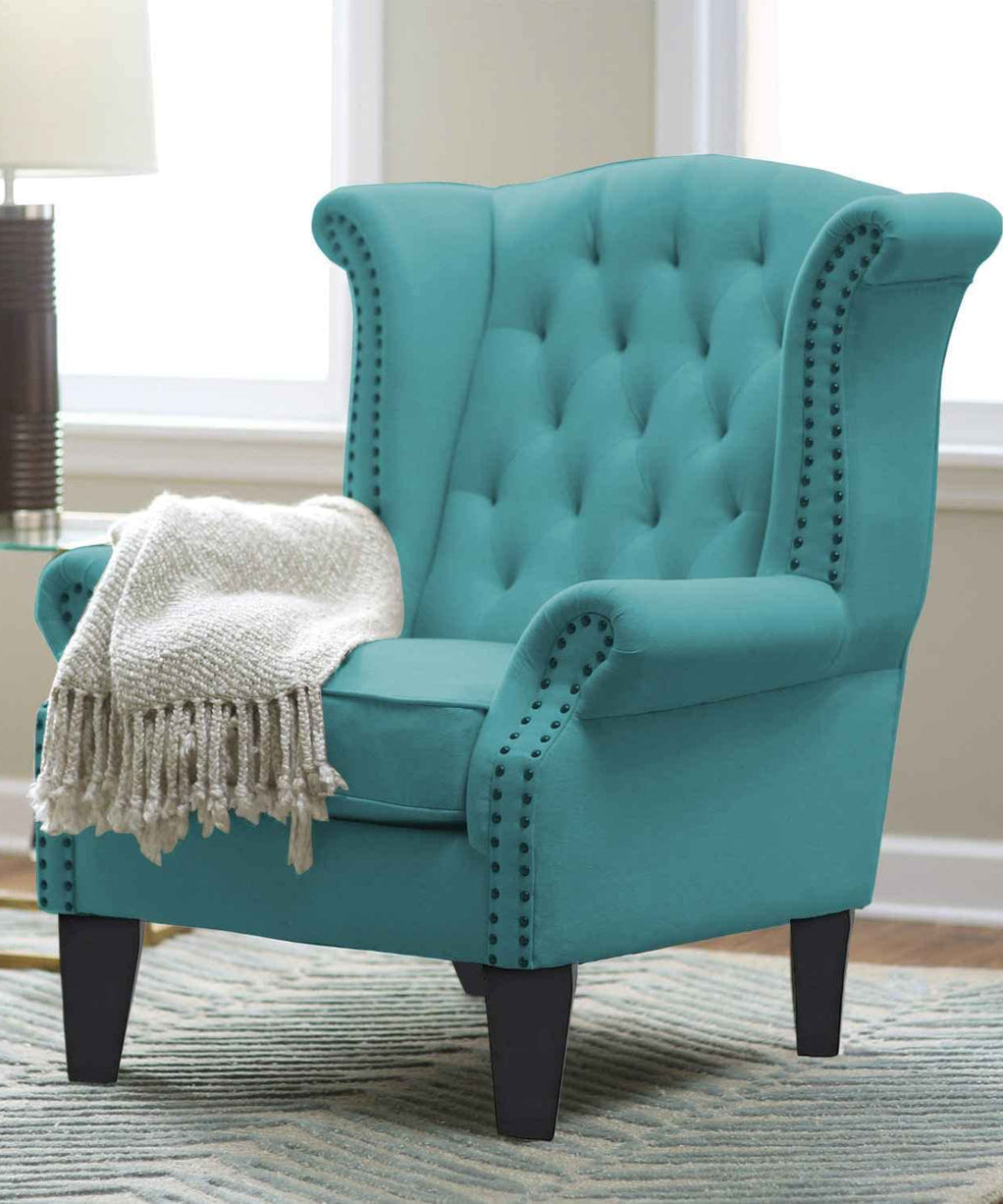 Wayside Chesterfield Wing Chair in Blue Color - Oak Inside
