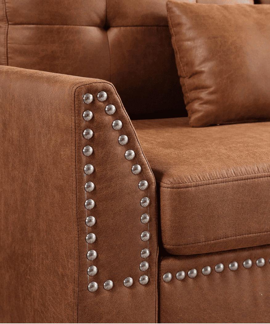 Viatol High Back Couch Mid-century Suede Leather Wood Legs Chaise Sofa - Oak Inside