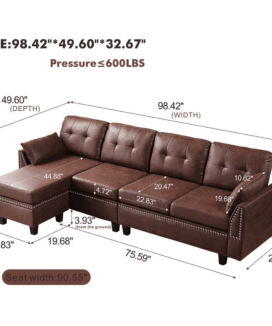 Viatol High Back Couch Mid-century Suede Leather Wood Legs Chaise Sofa - Oak Inside