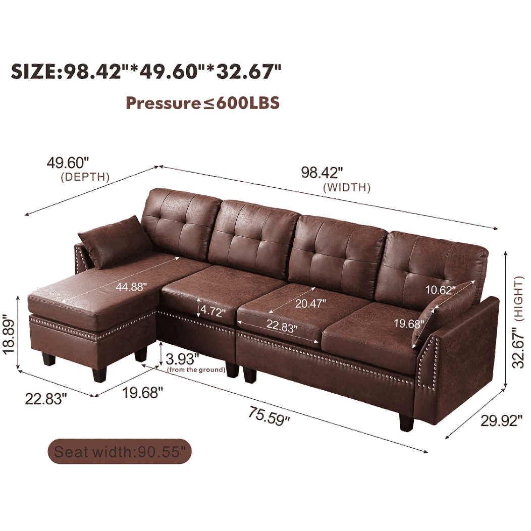 Viatol High Back Couch Mid-century Suede Leather Wood Legs Chaise Sofa - Oak Inside