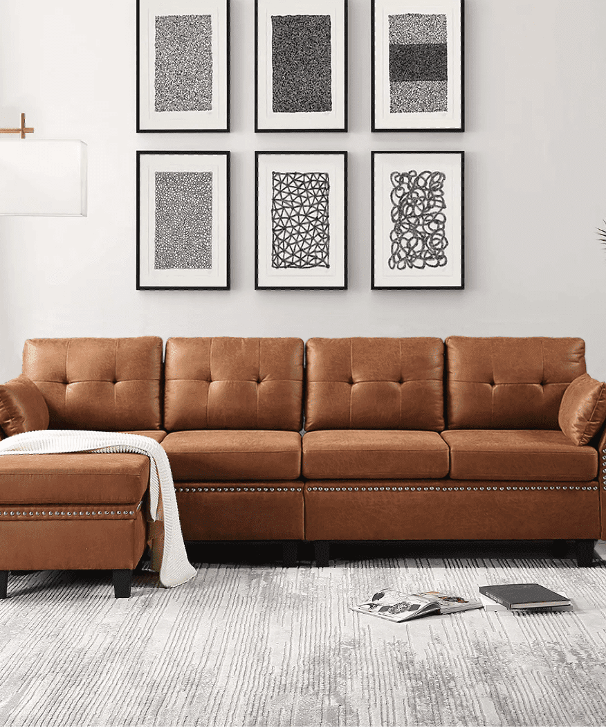 Viatol High Back Couch Mid-century Suede Leather Wood Legs Chaise Sofa - Oak Inside