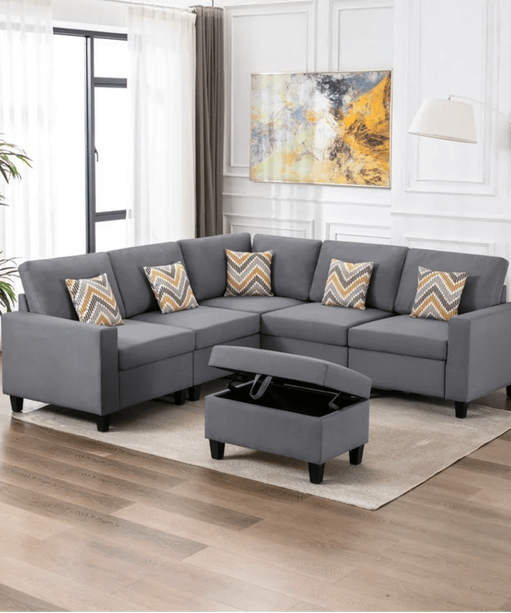 Nollon Linen Fabric Sectional Sofa with Pillows and Storage Ottoman - Oak Inside